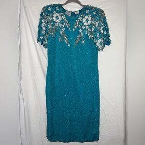 Stenay Vintage 1980s Teal Silk Floral Beaded Cocktail Dress